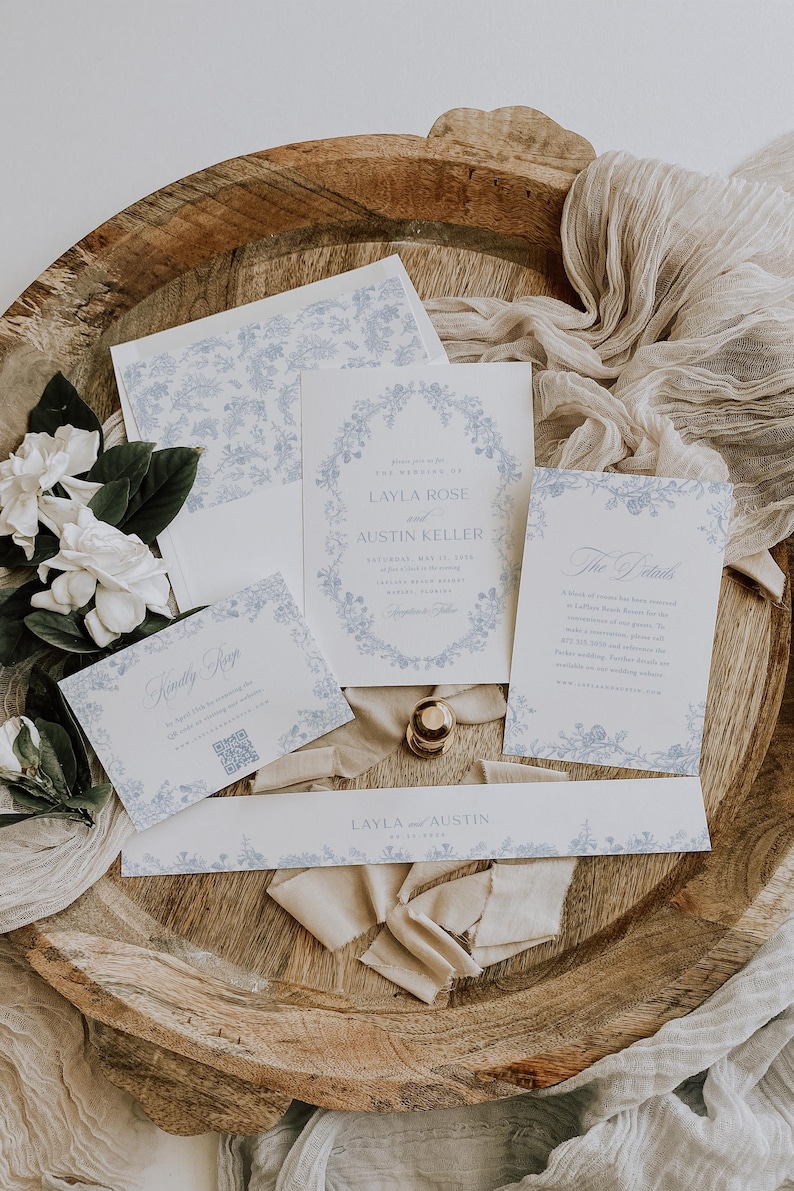 Dusty Blue Elegant Wedding Invitation Template, Printable Vintage Floral Invitation Suite, Romantic Editable Wedding Set Instant Download image 11