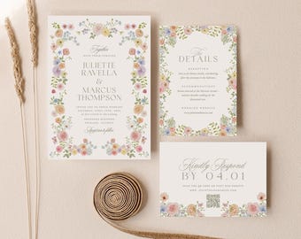 May include: Wedding invitation suite featuring floral borders in pastel colors. The main invitation includes names, date, and location. Additional cards provide details and a response request. A decorative ribbon and dried flowers are also present.