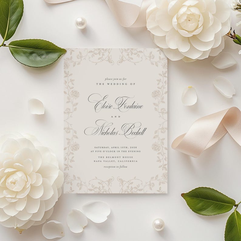 May include: A rectangular wedding invitation card with a cream background and a delicate light brown floral border. The text reads: please join us for THE WEDDING OF Eloise Fontaine AND Nicholas Beckett SATURDAY, APRIL 15TH, 2028 AT FIVE O'CLOCK IN THE EVENING THE BELMONT HOUSE NAPA VALLEY, CALIFORNIA reception to follow.