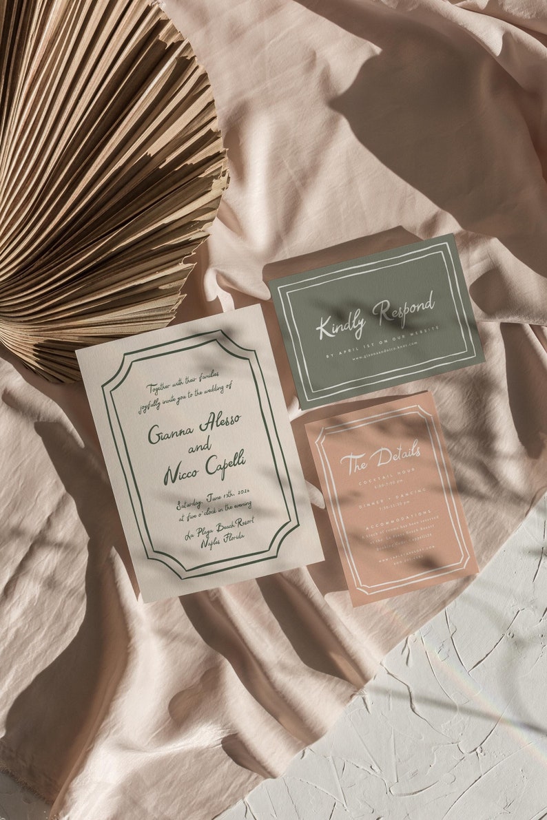 May include: A wedding invitation suite with a beige background. The main invitation card is cream with a green border and text that reads "Together with their families joyfully invite you to the wedding of Gianna Alesso and Nicco Capelli Saturday, June 11th, 2023 at 5 o'clock in the evening La Playa Beach Resort Naples, Florida". A smaller card with a peach background and a green border reads "The Details". A third card with a green background and a white border reads "Kindly Respond by April 1st on our website www.giannaandnicco.com".