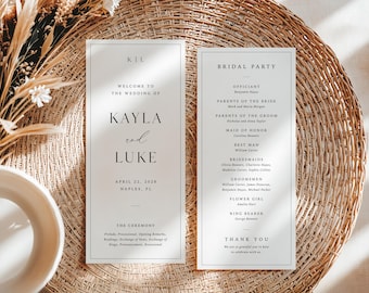 Bewerkbare sjabloon bruiloftsprogramma, monogramprogramma, minimalistische order of service, afdrukbaar ceremonieprogramma, Instant Download