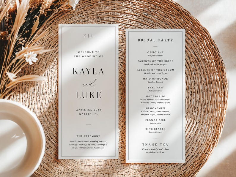 May include: Two wedding programs with text, including the names "Kayla and Luke" and "Bridal Party." The programs are on a woven, light brown surface, with dried flowers and a white bowl in the background.