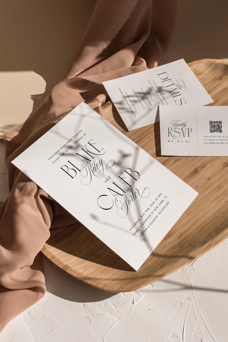 Elegante Hochzeitseinladungsreihe, modernes minimales Einladungsschreiben-Set, Detailkarte, modernes QR-Code-Rsvp, bearbeitbares digitales Vorlagenpaket Bild 4