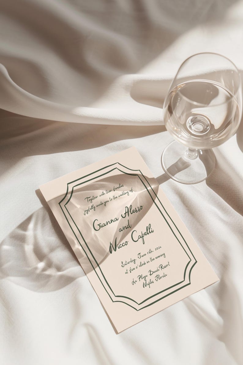 May include: A peach-colored wedding invitation with a dark green border. The invitation reads "Together with their families joyfully invite you to the wedding of Gianna Alesso and Nicco Capelli Saturday, June 18th, 2022 at five o'clock in the evening La Playa Beach Resort Naples Florida"