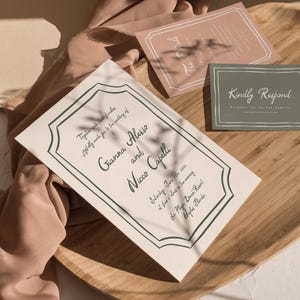 May include: A wedding invitation with a green border and white background. The invitation reads "Together with their families joyfully invite you to the wedding of Gianna Alesso and Nicco Capelli Saturday, June 12th, 2016 at five o'clock in the evening at Playa Beach Resort Naples, Florida".