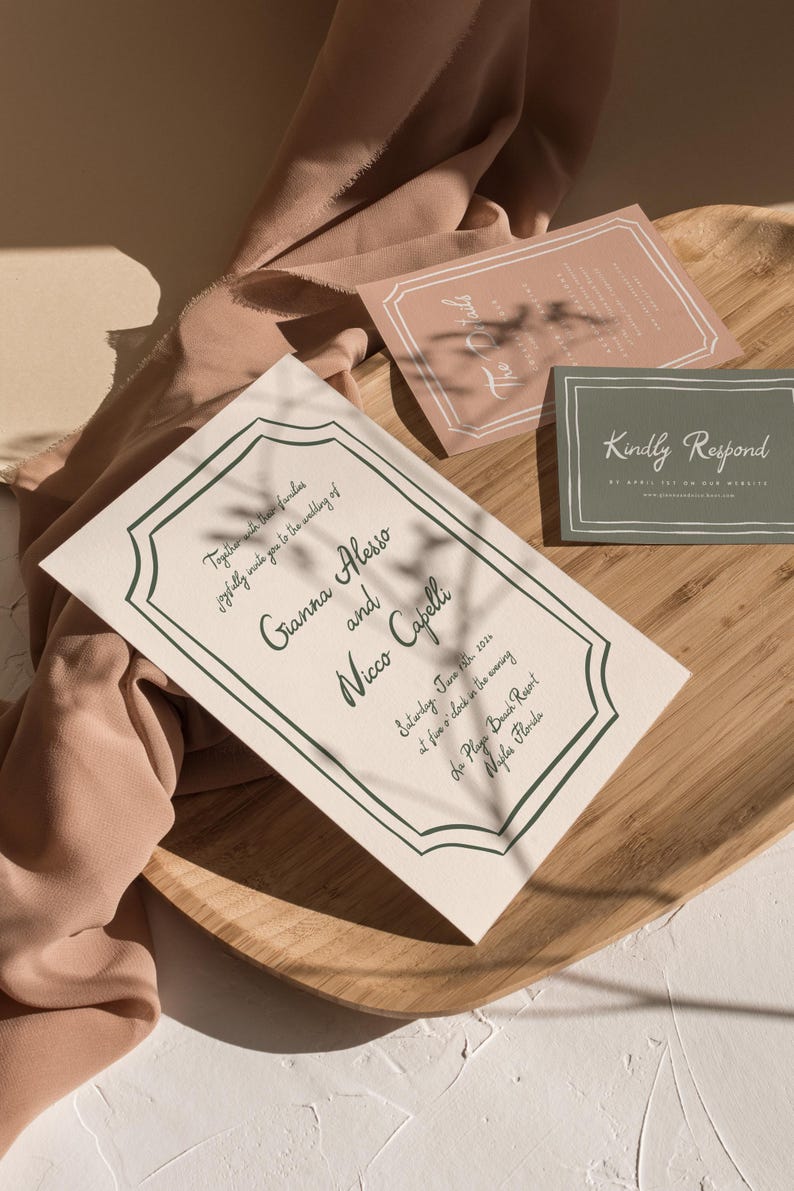 May include: A wedding invitation with a green border and white background. The invitation reads "Together with their families joyfully invite you to the wedding of Gianna Alesso and Nicco Capelli Saturday, June 12th, 2016 at five o'clock in the evening at Playa Beach Resort Naples, Florida".