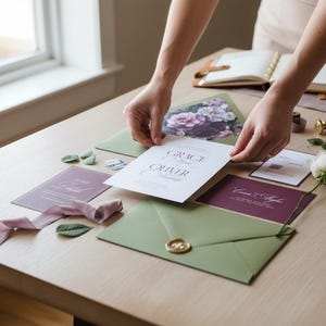 Puede incluir: Conjunto de invitaciones de boda con una tarjeta blanca con los nombres "Grace & Oliver". Incluye un sobre verde con un sello de cera dorado, una invitaci&oacute;n morada y una rosa blanca sobre una mesa de madera.