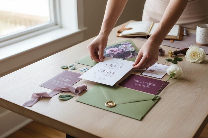 Puede incluir: Conjunto de invitaciones de boda con una tarjeta blanca con los nombres "Grace & Oliver". Incluye un sobre verde con un sello de cera dorado, una invitaci&oacute;n morada y una rosa blanca sobre una mesa de madera.
