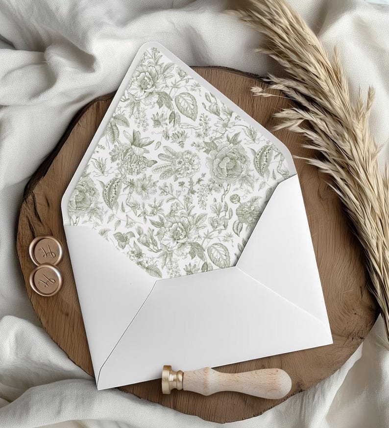 May include: A white envelope with a floral patterned interior, displayed open on a wooden surface. The floral design features green botanical illustrations. Gold wax seals and a wooden handled wax stamp are also present.