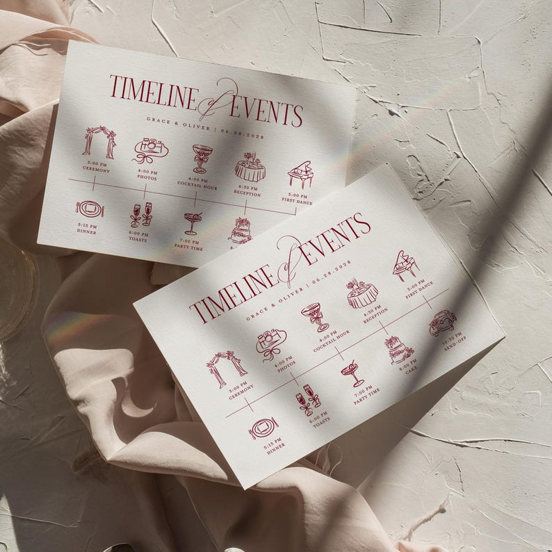 Puede incluir: Dos tarjetas de cronograma de boda con texto e ilustraciones en color burdeos. Las tarjetas dicen "Timeline Events" e incluyen detalles del evento como ceremonia, fotos, hora del c&oacute;ctel, recepci&oacute;n y primer baile. Las tarjetas est&aacute;n sobre un fondo neutro.