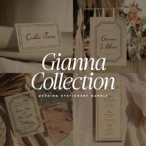 May include: A collection of wedding stationery featuring the "Gianna Collection" branding. The image includes a table setting card, a welcome sign, a menu, and other stationery items. The designs have a minimalist aesthetic with elegant fonts and decorative borders.