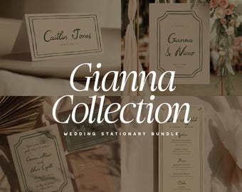 Illustrated Hand Drawn Wedding Stationery Bundle, Editable Modern Green Wedding Suite, Printable Wedding Templates