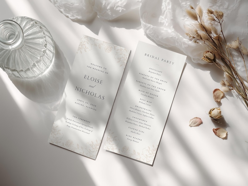 Może przedstawiać: Dwie pionowe białe karty z programem ślubnym z czarną czcionką szeryfową. Lewa karta zawiera napis Welcome to the wedding of Eloise and Nicholas, April 22, 2024, Naples, Florida. Prawa karta wymienia Bridal Party wraz z imionami i rolami.