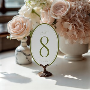 Puede incluir: Una tarjeta ovalada con el n&uacute;mero de mesa 8 en verde, colocada sobre un soporte decorativo de bronce. La tarjeta est&aacute; rodeada por un borde verde y presenta el texto "Grace & Oliver" y una fecha. El fondo incluye un arreglo floral con rosas.