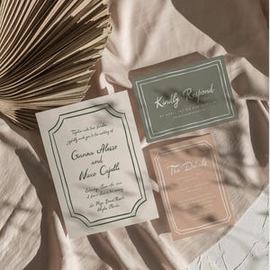 May include: A wedding invitation suite with a cream background and green and brown accents. The invitation features the names Gianna Alesso and Nicco Capelli, the date June 11th, 2024, and the location The Playa Dulce Resort, Myles Florida. The RSVP card says "Kindly Respond" and the details card says "The Details".