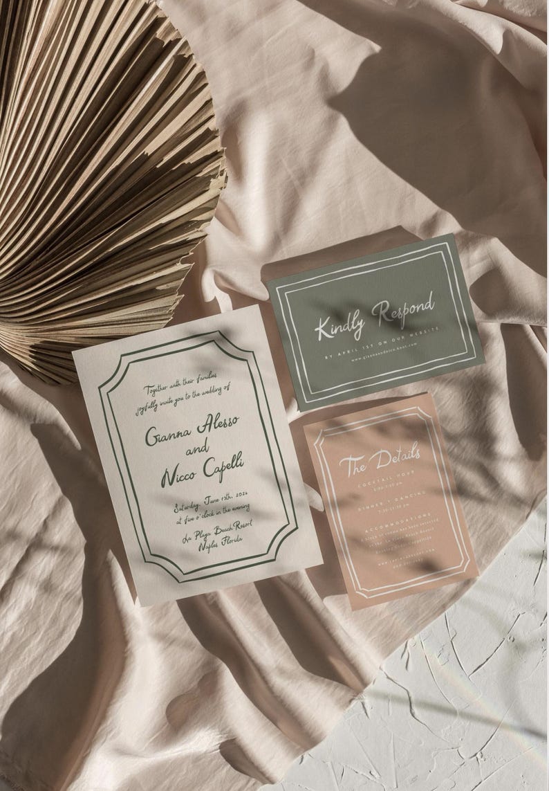 May include: A wedding invitation suite with a cream background and green and brown accents. The invitation features the names Gianna Alesso and Nicco Capelli, the date June 11th, 2024, and the location The Playa Dulce Resort, Myles Florida. The RSVP card says "Kindly Respond" and the details card says "The Details".