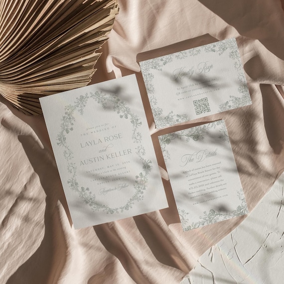Sage Green Wedding Invitation Template, Printable Elegant Vintage Floral Invitation Suite, Romantic Editable Wedding Set Instant Download