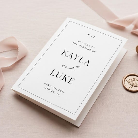 Folded Wedding Program Template, Minimal Wedding Ceremony Program Printable, Elegant Classic Wedding Program Editable Instant Download
