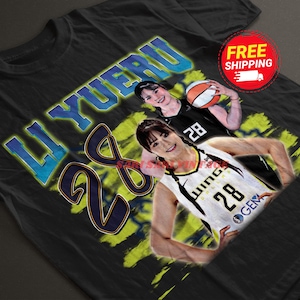 May include: Black t-shirt featuring a graphic of a basketball player with the name "LI YUERU" in blue and the number "28". The design includes a basketball and a "FREE SHIPPING" sticker.