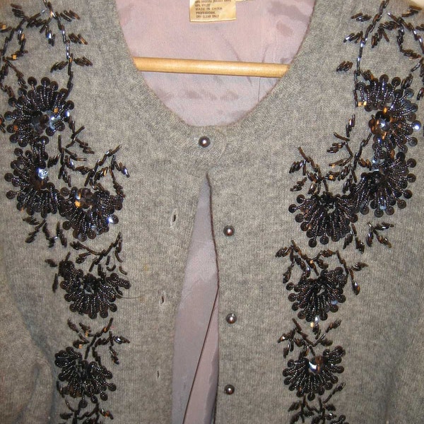 Vintage 1950's PIN UP Grey Angora Beaded Sweater Women's XLarge Grey Beads And Sequins