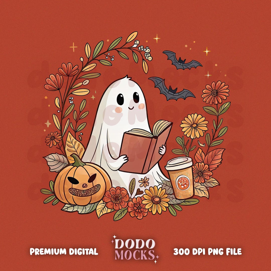 Cute Ghost Halloween PNG, Fall Coffee and Book Lover Design, Pumpkin ...