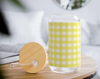 Hellgelber Gingham Becher umweltfreundliches Geschenk für sie Vintage Büro Dekor Arbeit von zu Hause Trinkgefäße Gläser Eiskaffeetasse mit Strohhalm