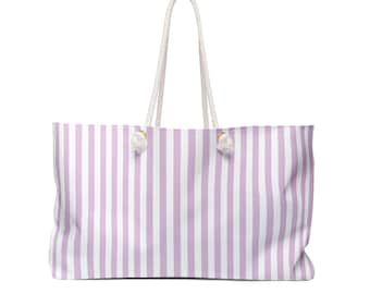 Lavender and White Striped Weekender Bag Beach Tote Bag Vacation Essentials for Travel Timeless Stripes Gift for Her Trendy Summer Supplies