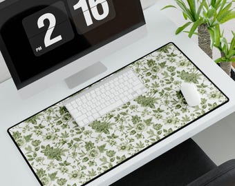 Green Floral Toile Desk Mat for Work from Home Office Workspace Decor Gifts Vintage Elegant Desk Pad Mousepad Accessory Computer Mat Elegant