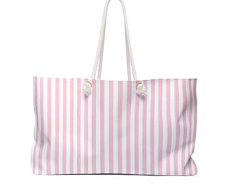 Pink and White Striped Weekender Bag Beach Tote Bag Vacation Essentials for Travel Timeless Stripes Gift for Her Trendy Summer Supplies