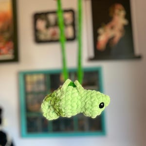 May include: A handmade, light green crochet caterpillar with black eyes and a green hanging cord. The caterpillar is made of soft, textured yarn and is suspended in the air.