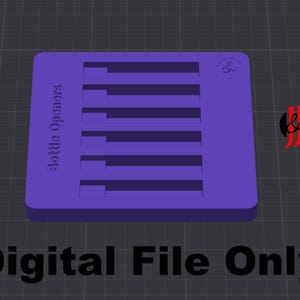 May include: A purple 3D-printed bottle opener holder with six slots. The text "Bottle Openers" is embossed on the side. The words "Digital File Only" are at the bottom. A logo is in the upper right corner.