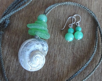 RESERVED custom - Lunella Undulata Shell, sea glass, Chrysoprase necklace & earrings