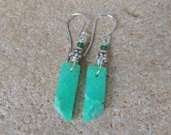 Small light Chrysoprase earrings, green gemstone jewelry, handmade Australia, natural stone jewellery, crystal earrings ethical unique