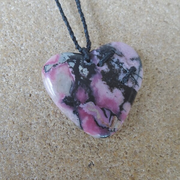 Rhodonite heart necklace -  pink & black gemstone heart jewelry, broken love heart, crystal jewellery handmade Australia NaturesArtMelbourne