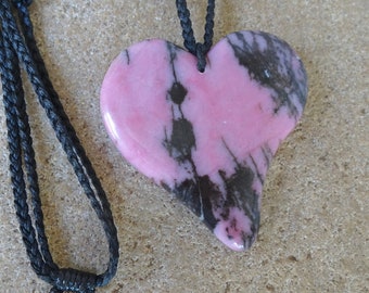 Handmade Rhodonite heart necklace, unique love heart jewelry Australia NaturesArtMelbourne crystal jewellery gemstone pink black crystal