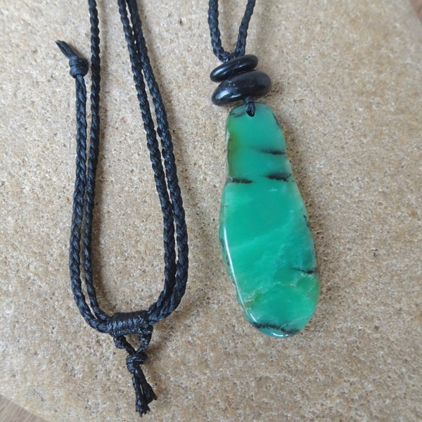 Long Chrysoprase, Beach Pebble necklace handmade Australia green, black necklace adjustable hand braided cord NaturesArtMelbourne unique