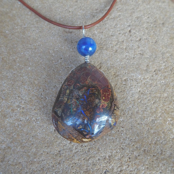 Earthy Boulder Opal conglomerate, Blue Kyanite pendant necklace NaturesArtMelbourne unique jewellery, contemporary ooak handmade Australia