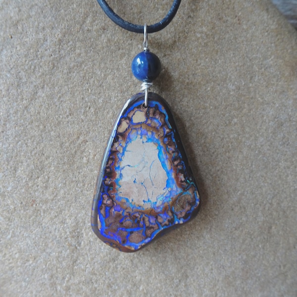 Large Yowah nut Boulder Opal, Kyanite pendant necklace, handmade Australia NaturesArtMelbourne crystal jewelry - Opal jewellery unique