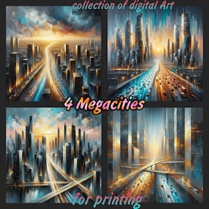 May include: Four digital art prints showcasing stylized cityscapes with highways and skyscrapers. The images feature a palette of blues, oranges, and yellows, with the text "collection of digital Art", "4 Megacities", and "for printing".