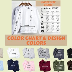 Op de afbeelding: Sweatshirts in diverse kleuren, waaronder wit, grijs en zwart, worden getoond. Een maattabel toont afmetingen in centimeters voor maten S tot 3XL. De kleurenkaart toont opties zoals zand, marineblauw en bordeaux.