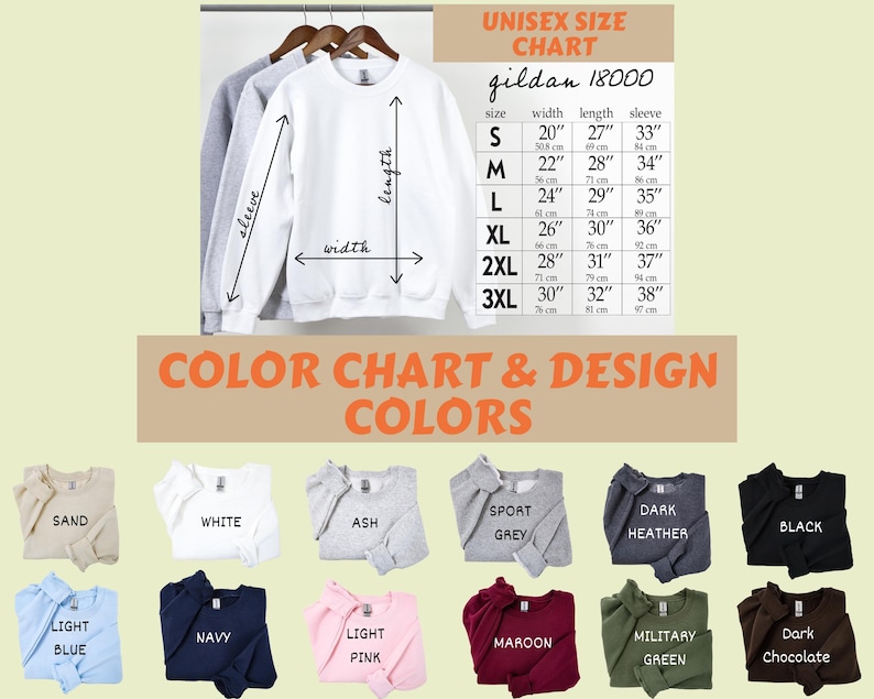 Op de afbeelding: Sweatshirts in diverse kleuren, waaronder wit, grijs en zwart, worden getoond. Een maattabel toont afmetingen in centimeters voor maten S tot 3XL. De kleurenkaart toont opties zoals zand, marineblauw en bordeaux.
