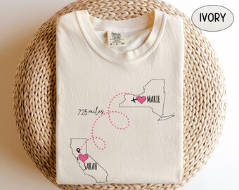 Sudadera personalizada de amistad a distancia de estado a estado, camiseta personalizada con mapas familiares, relación a distancia, regalos para mejores amigos