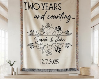 Cotton Anniversary Woven Blanket, Second Anniversary Gift For Wife, 2nd Wedding Present For Spouse, Custom Couple Throw With Name and Date