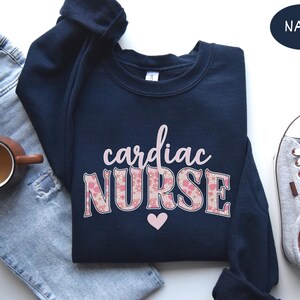 Cardiac Nurse T Shirt Comfort Colors, RN Cardiac Nurse Gift For Cardiology Nurse Tshirt Grad Cardiac ICU Sweatshirt Cardiac Student Crewneck Navy