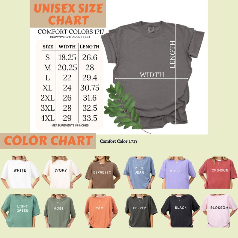 Op de afbeelding: Een unisex T-shirt in donkergrijze kleur, met een maattabel en kleuropties. De maattabel toont afmetingen in inches voor maten S tot 4XL. Kleuropties zijn wit, ivoor, espresso, blue jean, violet, karmozijnrood, lichtgroen, mos, yam, peper, zwart en bloesem.