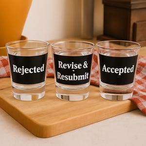 May include: Three clear shot glasses with black labels displaying the words "Rejected", "Revise & Resubmit", and "Accepted" in white. The glasses are on a wooden surface, with a blurred background.