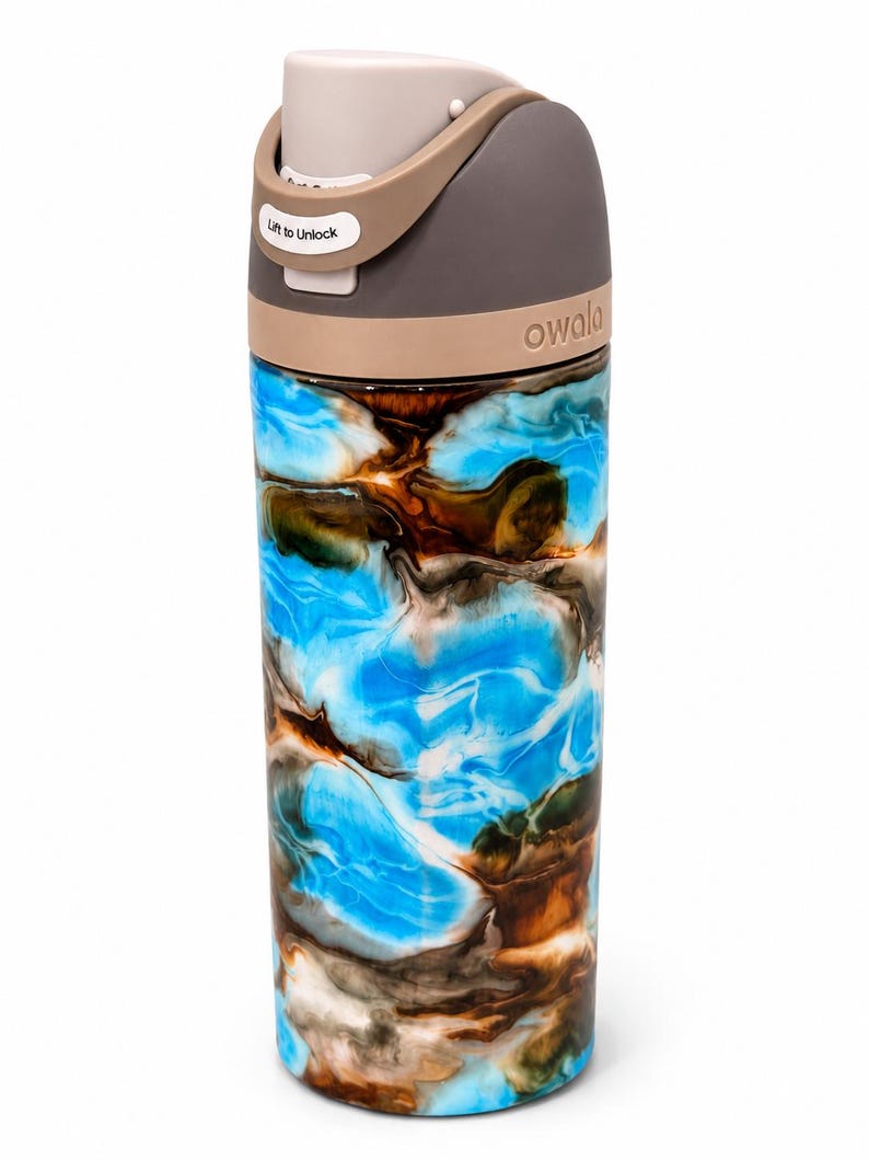 Blågrön och brun virvel Owala-tumbler | Specialdesignad vattenflaska på 64 cl bild 1