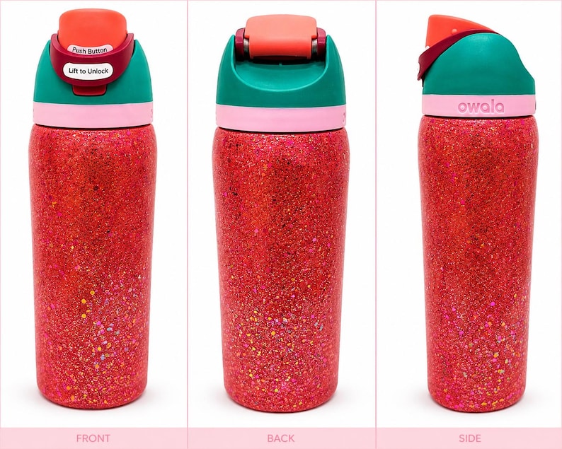 May include: A cylindrical Owala water bottle with a vibrant red glitter finish. The lid features a teal top, a coral-colored push button, and a pink collar. The push button includes white text reading Push Button and Lift to Unlock.