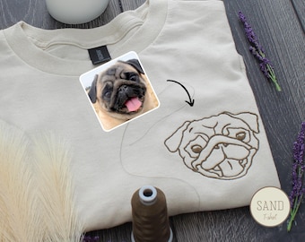 Geborduurde T-shirts met gezicht en naam huisdier, gepersonaliseerd geborduurd hondenportret van foto, op maat geborduurd verjaardagscadeau huisdier voor hond moeder/vader