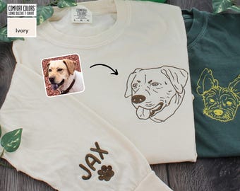 Comfort Colors® geborduurde shirts voor gezicht en naam, gepersonaliseerd geborduurd hondenportret van foto, op maat geborduurd T-shirt met lange mouwen